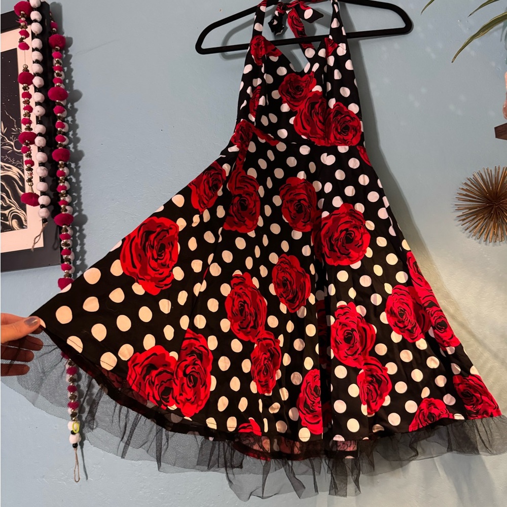Chic Asymmetrical PINUP Dress with Red Roses and Polka Dots